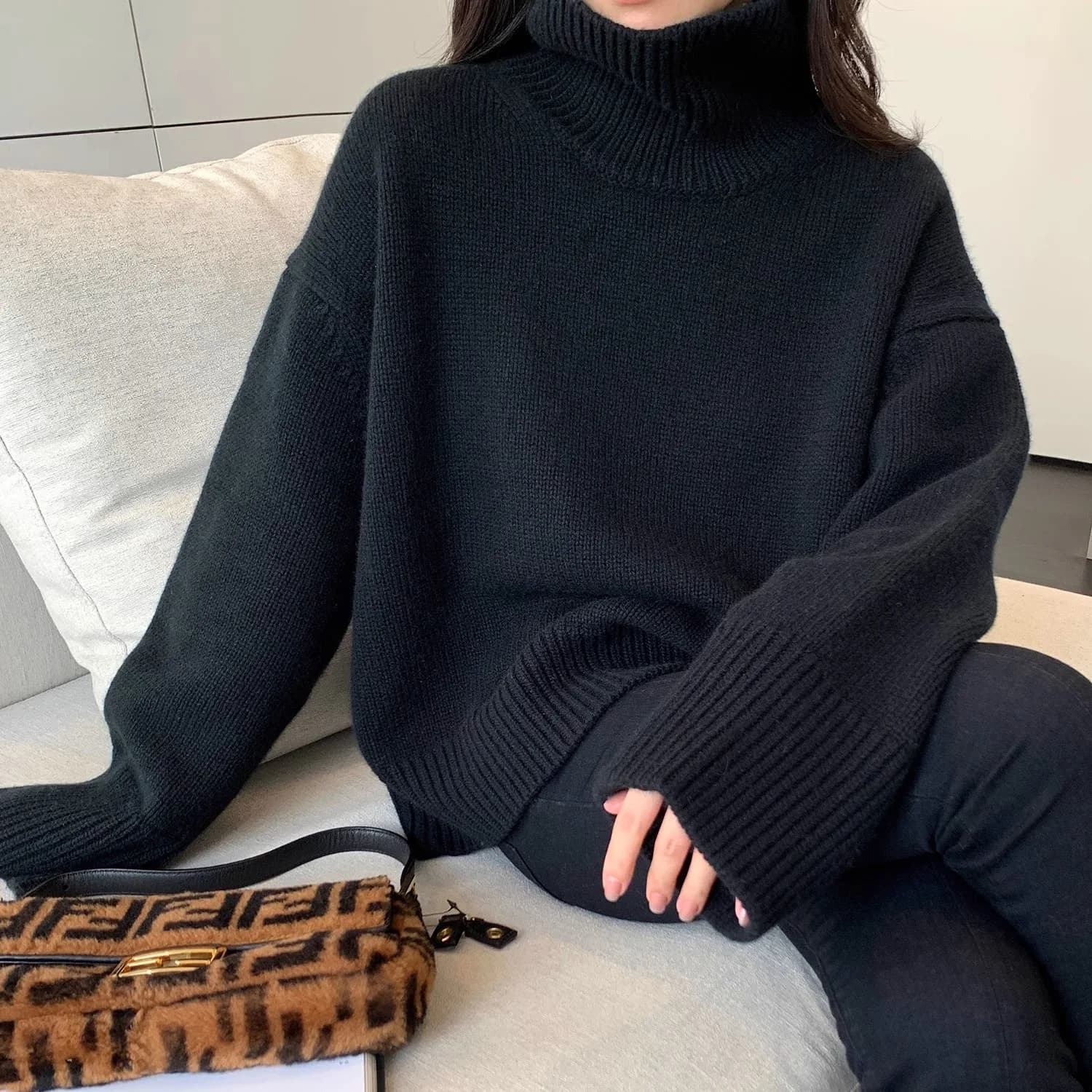 Pull à col roulé européen pour femme, 100% pur cachemire, épais, ample, style paresseux, bas 107, pu