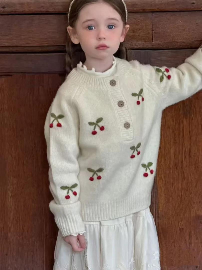 Pull pour enfants, col rond, broderie cerise, haut en tricot pour bébé, nouvelle collection hiver 20