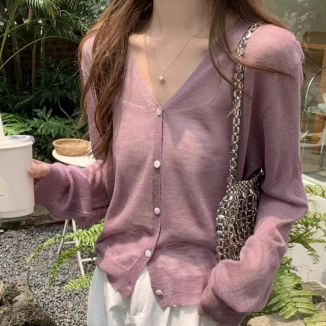 Cardigan en tricot boutonné pour femme, manches longues, col en V, léger, chemisier, couvre-vêtement