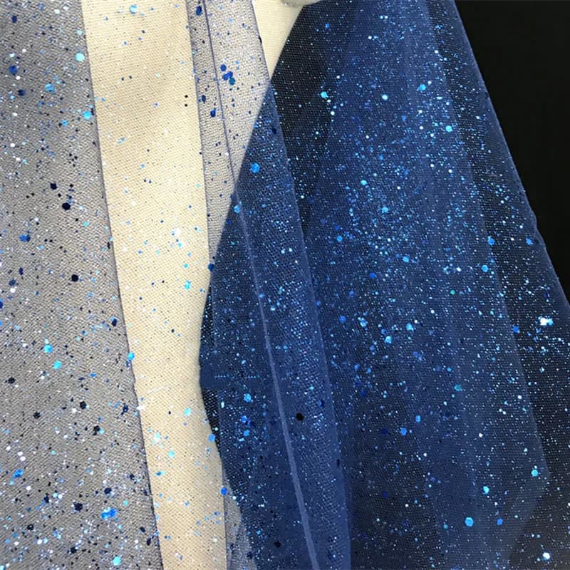 Tissu en dentelle de tulle et gaze à paillettes brillantes, bleu foncé, rouge, or, argent, bronzé, p