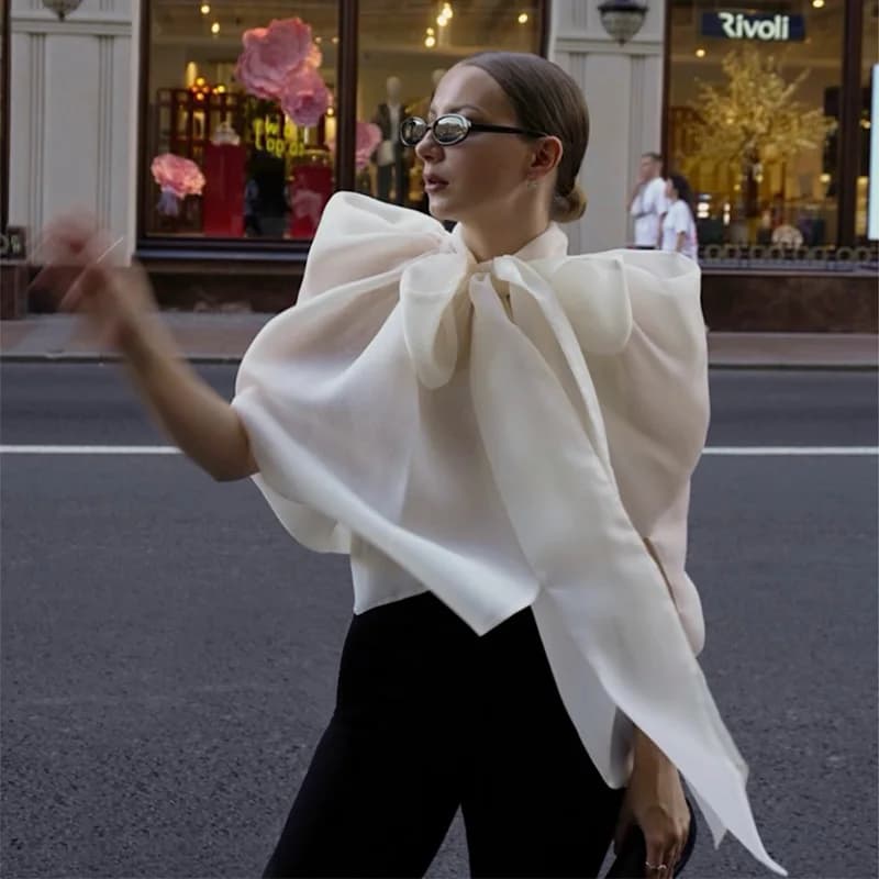 Chemisier élégant uni pour femme, style châle, avec nœud et col montant, coupe fendue, collection Pr