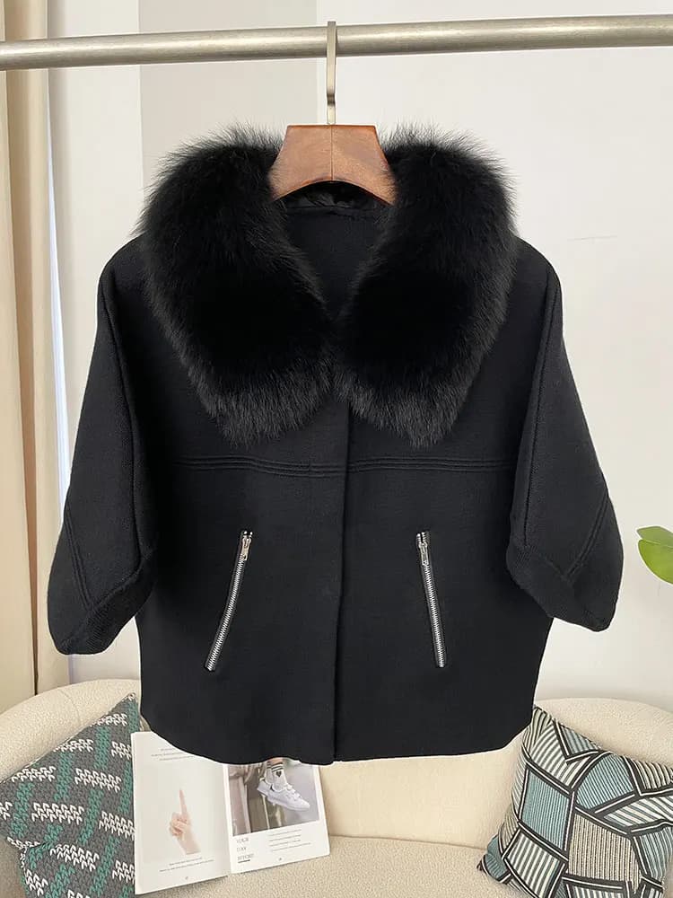 Pull tricoté populaire brésilien avec col en fourrure de renard naturel, veste courte en fourrure po