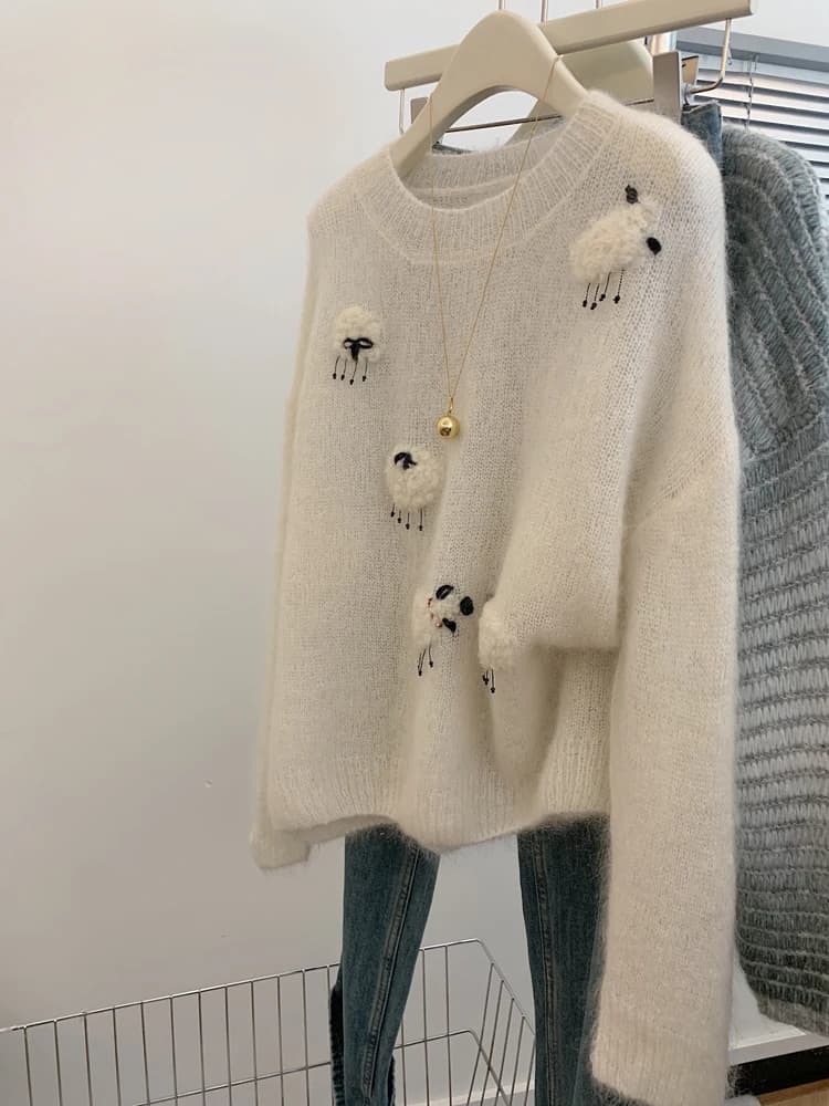 Pull blanc décontracté pour femmes, manches longues, col rond, tricot chaud, automne hiver, coréen, 