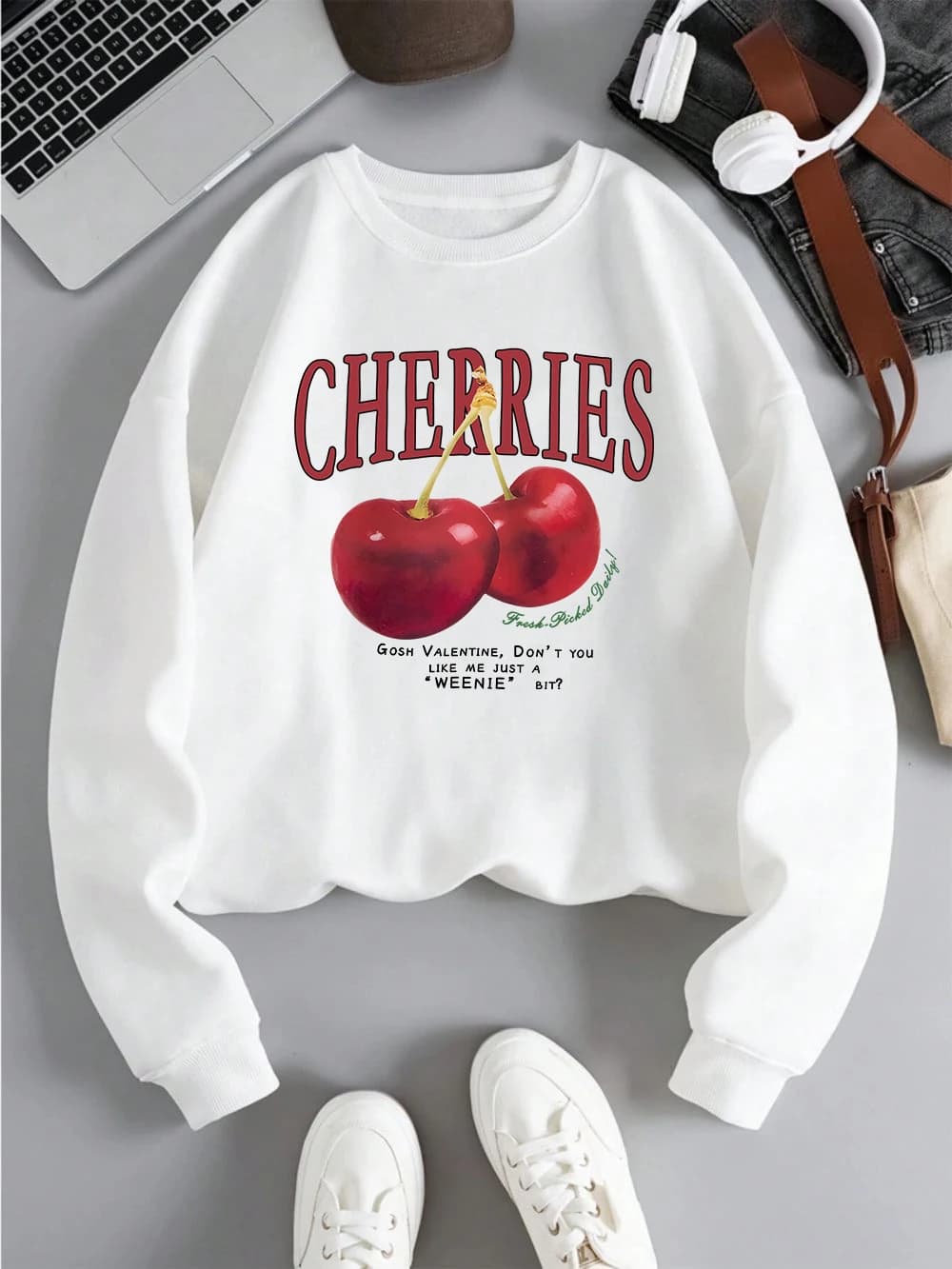 Mode femmes sweat frais cerises rouges impression pull col rond polaire doux sweat à capuche respira