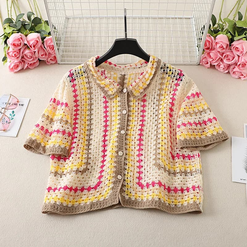 Chemise en crochet boutonnée pour femmes, manches courtes, chemisier coloré, tricot ouvert, cache-ma
