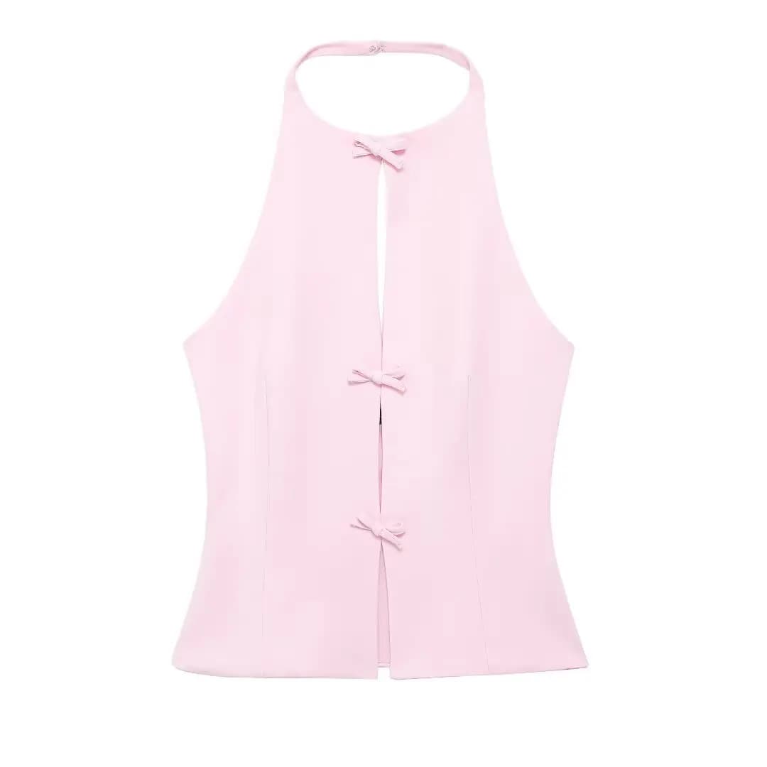 HH – gilet sans manches pour femmes, nouvelle mode, hauts garnis de nœuds, élégant, col rond, col li