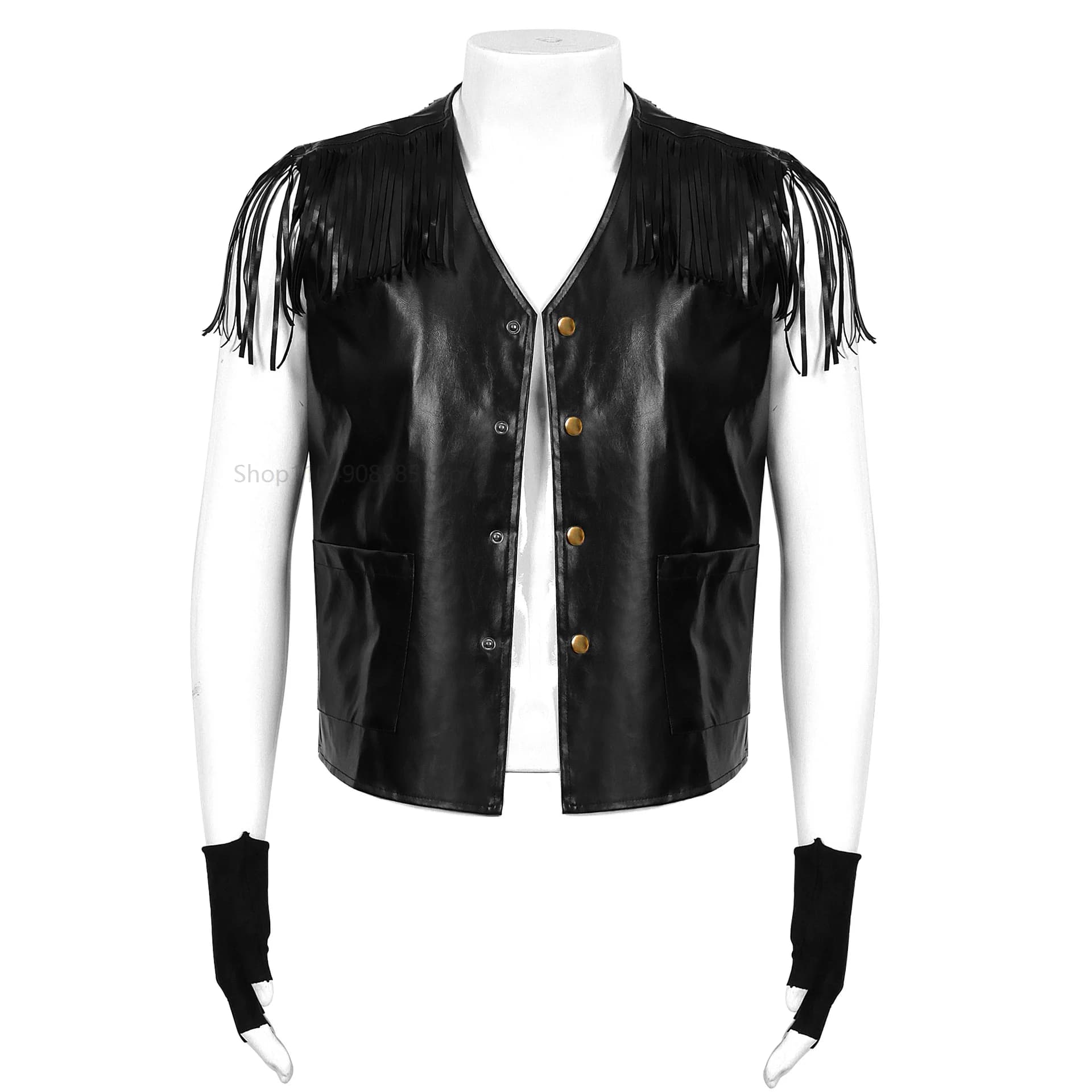 Veste Médiévale Homme en Similicuir PU, Style Rock, à Franges, Col en V, Simple Boutonnage, Tendance