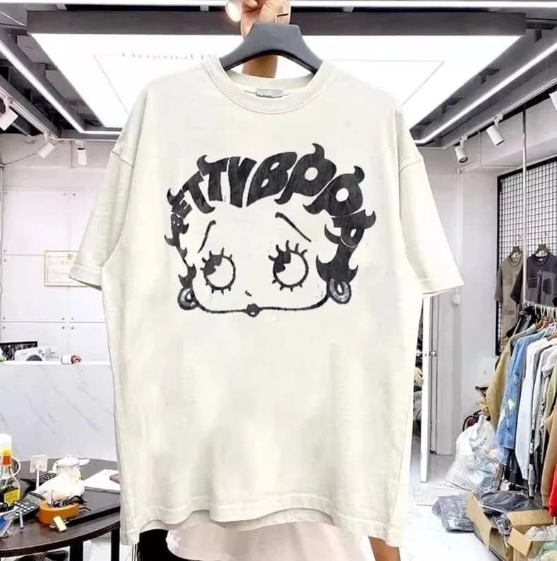 T-shirt graphique Betty Boop été 2026 en pur coton à manches courtes, style rétro blanc unisexe, pou