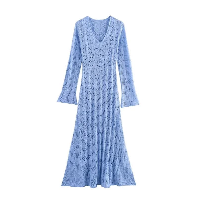 Robe longue tricotée pour femmes, col en v, manches longues, ajouré, taille cintrée, robes de soirée