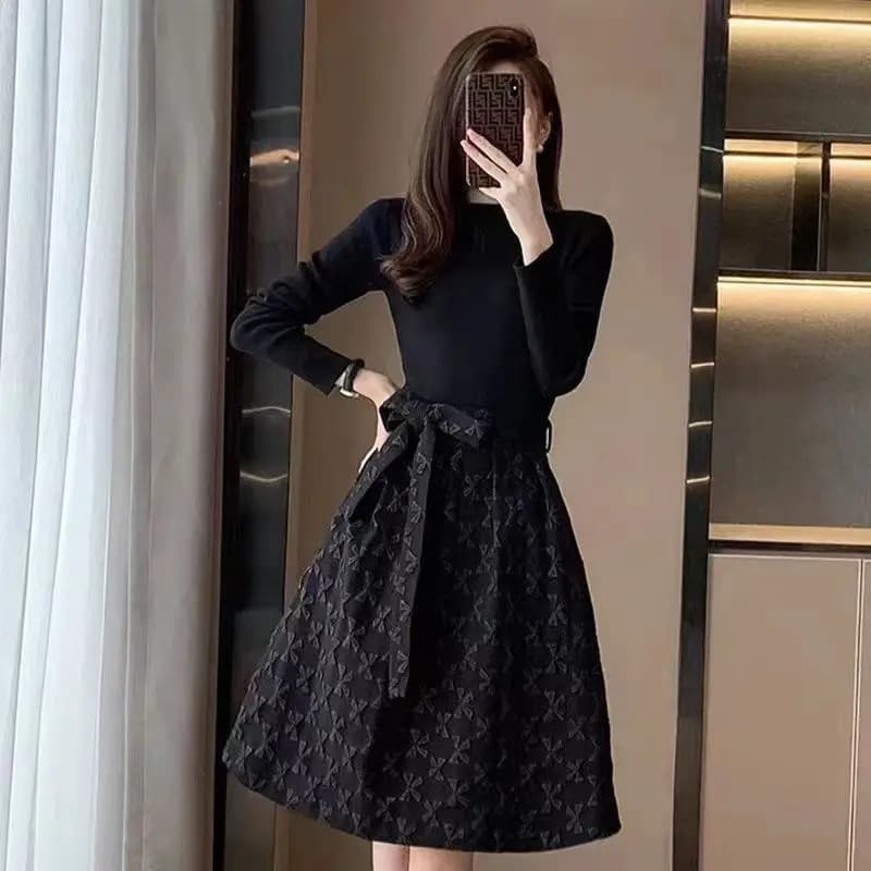 Robes noires à manches longues pour femmes avec nœud d'anniversaire, vêtements vintage pour femmes, 
