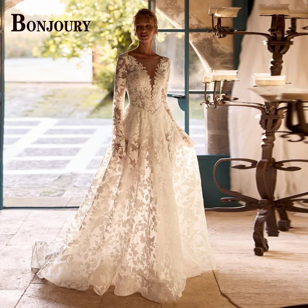 Robes de mariée modernes BONJOURY pour la mariée avec appliques, col en V, coupe trapèze, boutons, t