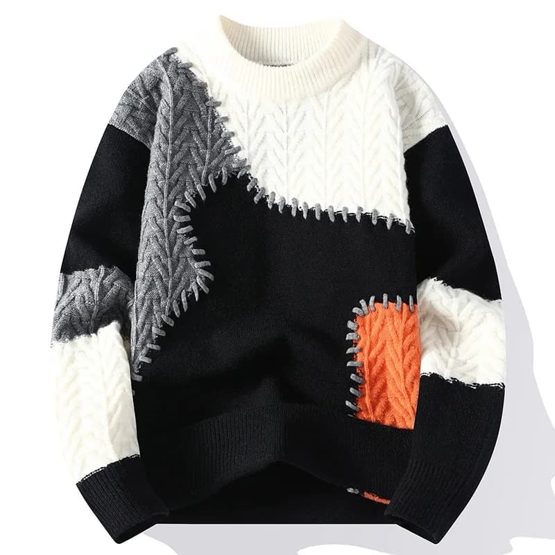 Pull en tricot patchwork décontracté pour hommes, pulls optiques chauds, streetwear à col rond, mode