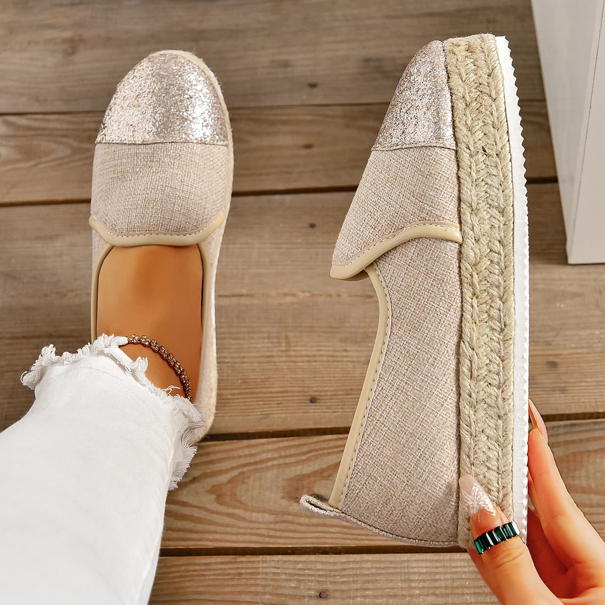 Espadrilles beiges pour femmes, chaussures plates et carillon, mocassins décontractés à enfiler, mod