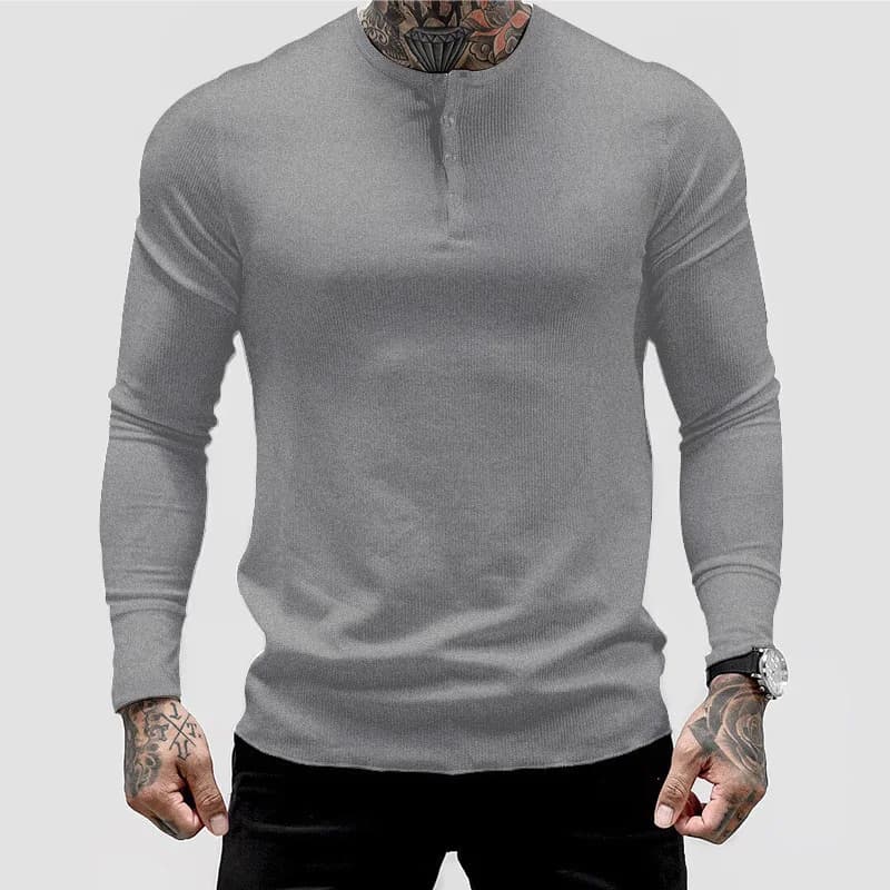 Sweat-Shirt à manches longues pour hommes, col Henry, ourlet rond, couleur unie, décontracté, entraî