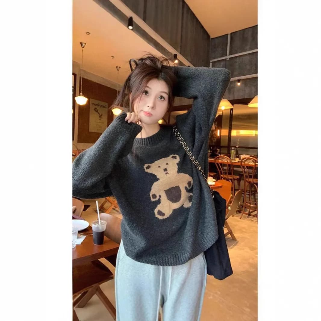 Pull tricoté à col rond pour femme, style décontracté, motif ours de dessin animé rétro, idéal pour 
