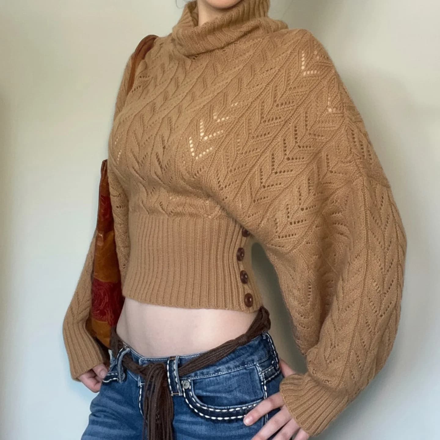 Col roulé marron tricoté pull Vintage femmes manches longues chauve-souris évider bouton tirer taill