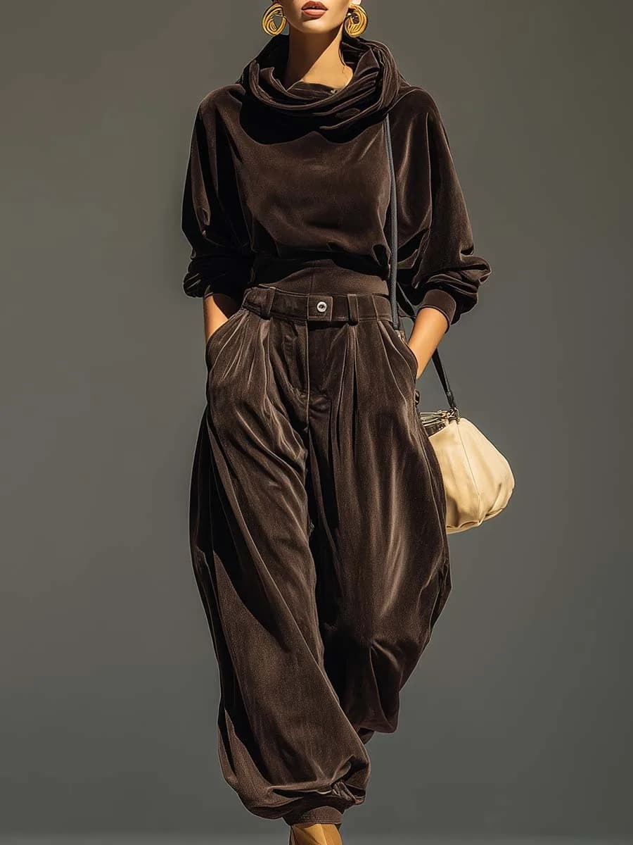 Ensemble de survêtement à capuche en velours pour femmes, pull à manches longues avec pantalon à cor