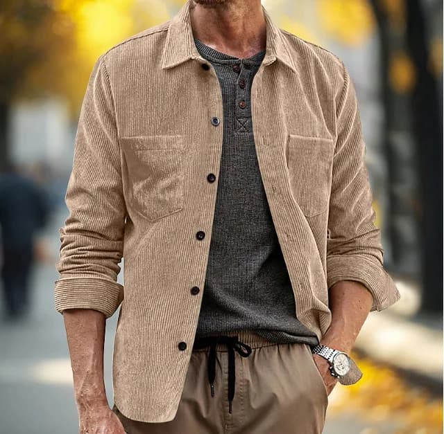Chemise Vintage en velours côtelé pour hommes, décontractée, avec poches, manches longues, revers, h