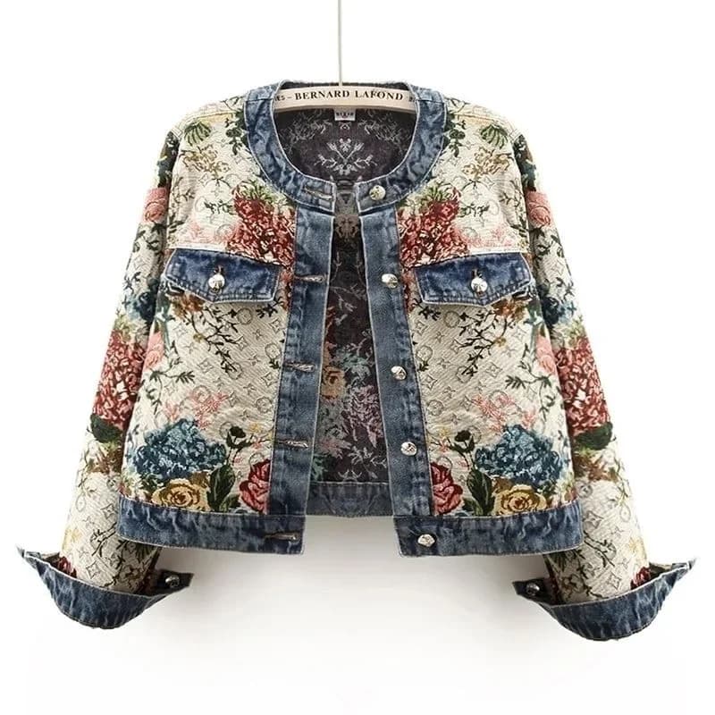 Veste en jean jacquard rétro chinoise à manches longues et col rond pour femme, nouvelle collection 