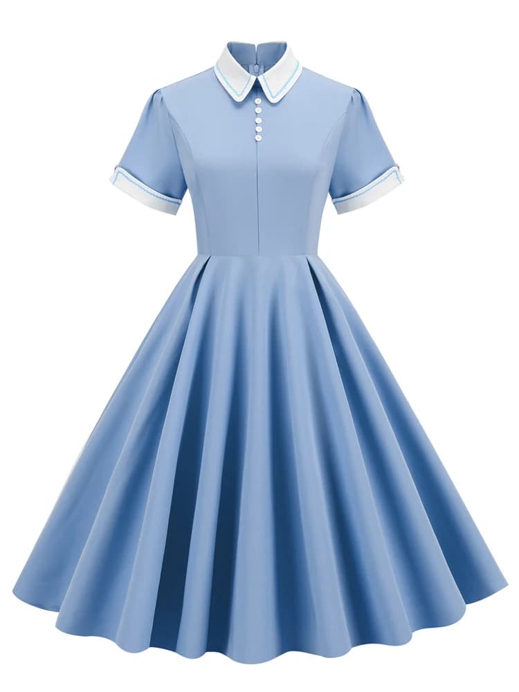 Tonval-Robe trapèze mi-longue vintage pour femmes, col claudine, boutons sur le devant, robes de soi