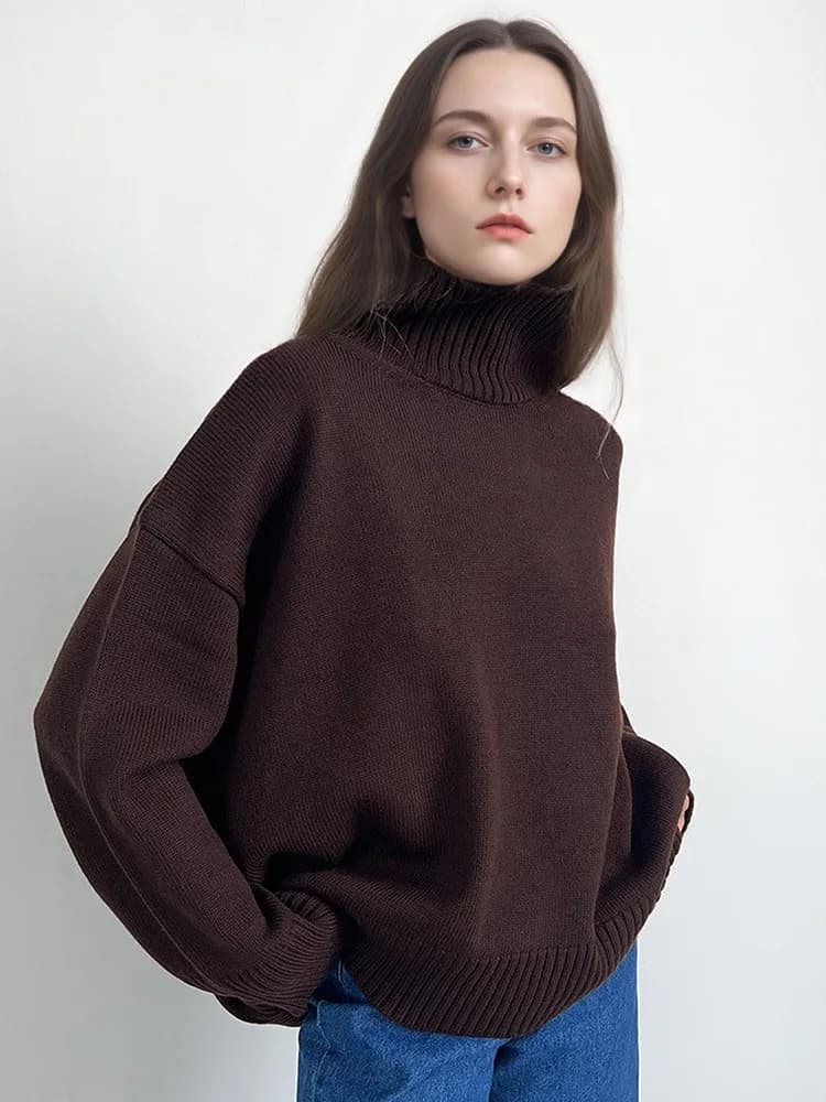 Pull à col roulé marron femmes pulls automne surdimensionné beurre jaune chandails épais col roulé t
