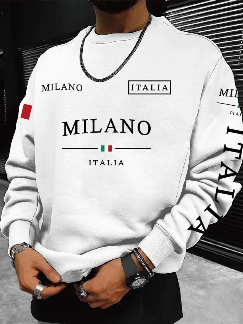 Sweat-shirt à col rond noir avec imprimé drapeau italien et texte, style décontracté et sportif