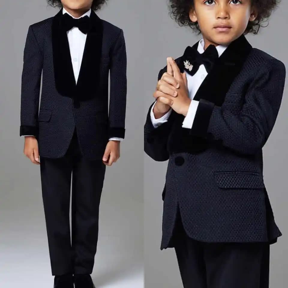 Costume de mariage formel en velours bleu marine jacquard pour garçons, col châle, sur mesure M26299