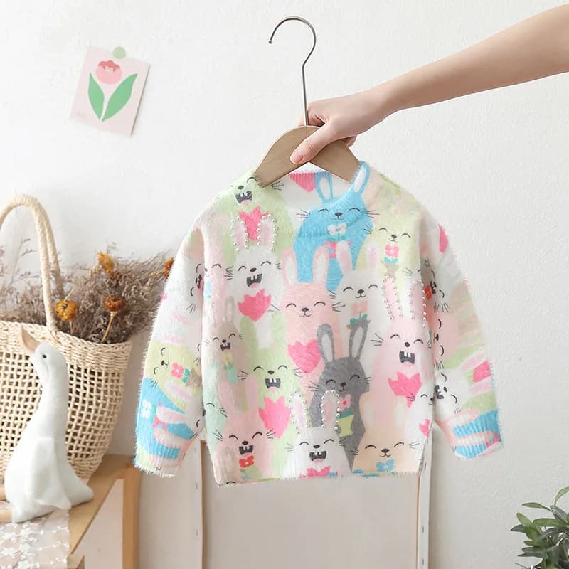 Pull lapin de dessin animé coloré pour enfants, pull tricoté pour filles, Style étranger, automne 20