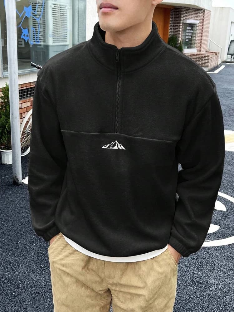 Sweat-shirt polaire minimaliste pour homme, coupe ample, avec broderie montagne, demi-zip, manches l