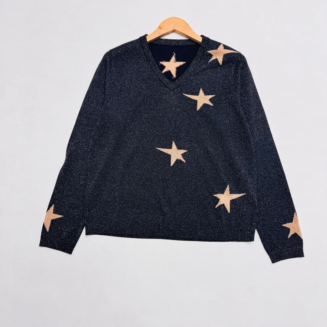 Nouveau pull en tricot à manches longues en lin à col en V imprimé étoiles avec fils dorés et argent