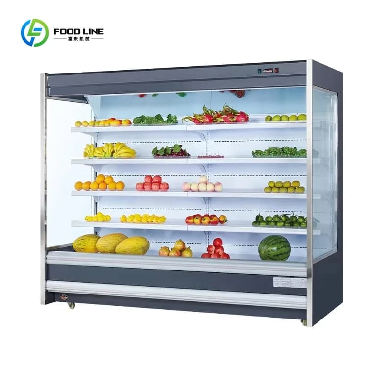 Vitrine réfrigérée pour fruits et légumes à plusieurs niveaux, ouverte sur le devant, personnalisée 