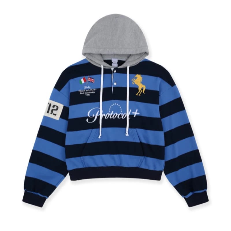 Pull-over décontracté pour femme, style preppy, à rayures, avec capuche grise contrastante, col Henl