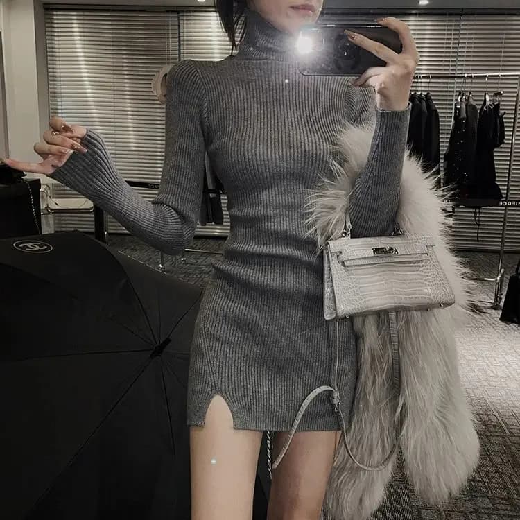 Robe tricotée hiver nouveau Style doublure fendue col haut jupe moulante minceur robe courte