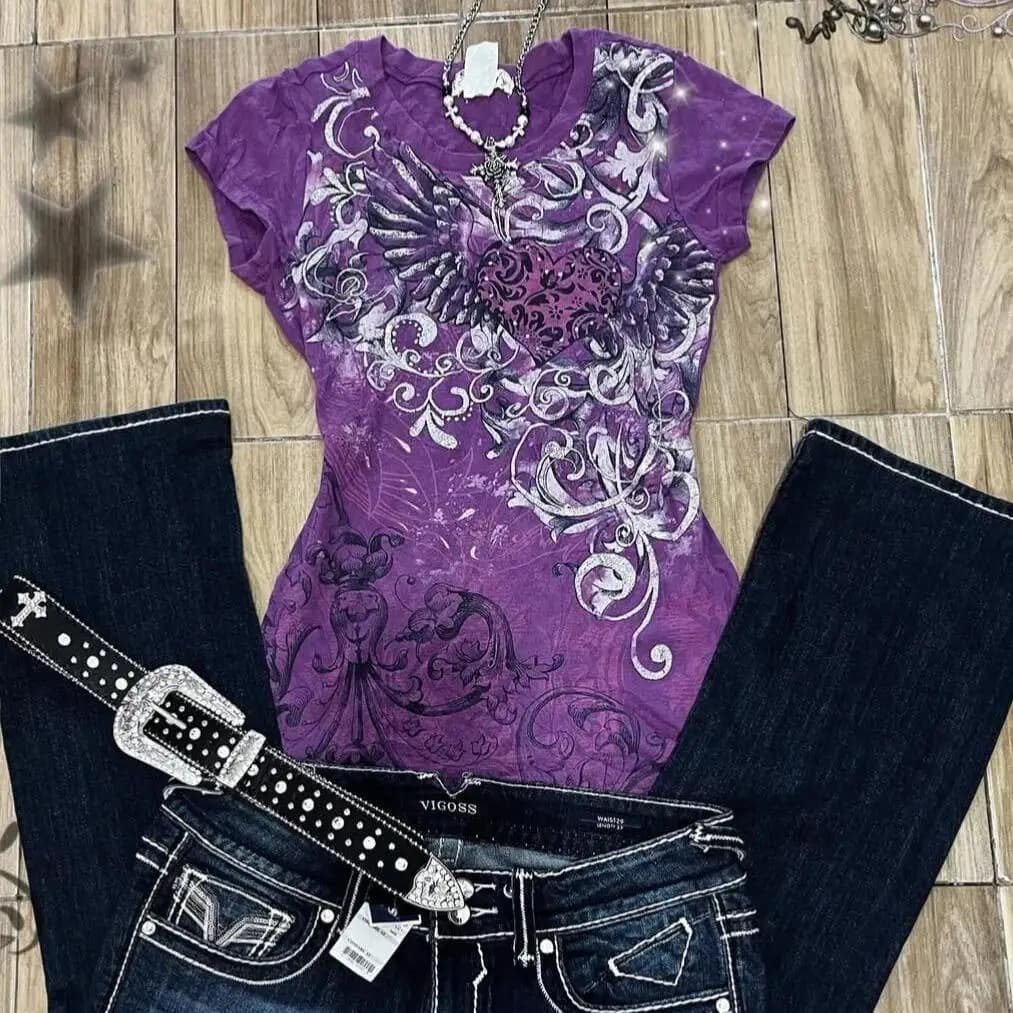 T-shirts imprimés vintage pour femmes, style subcultural, violet, American Street Hottie, coupe slim