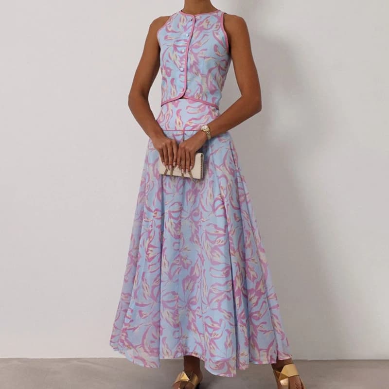 Ensembles élégants pour femme : débardeurs sans manches à col rond et jupes mi-longues imprimées, te