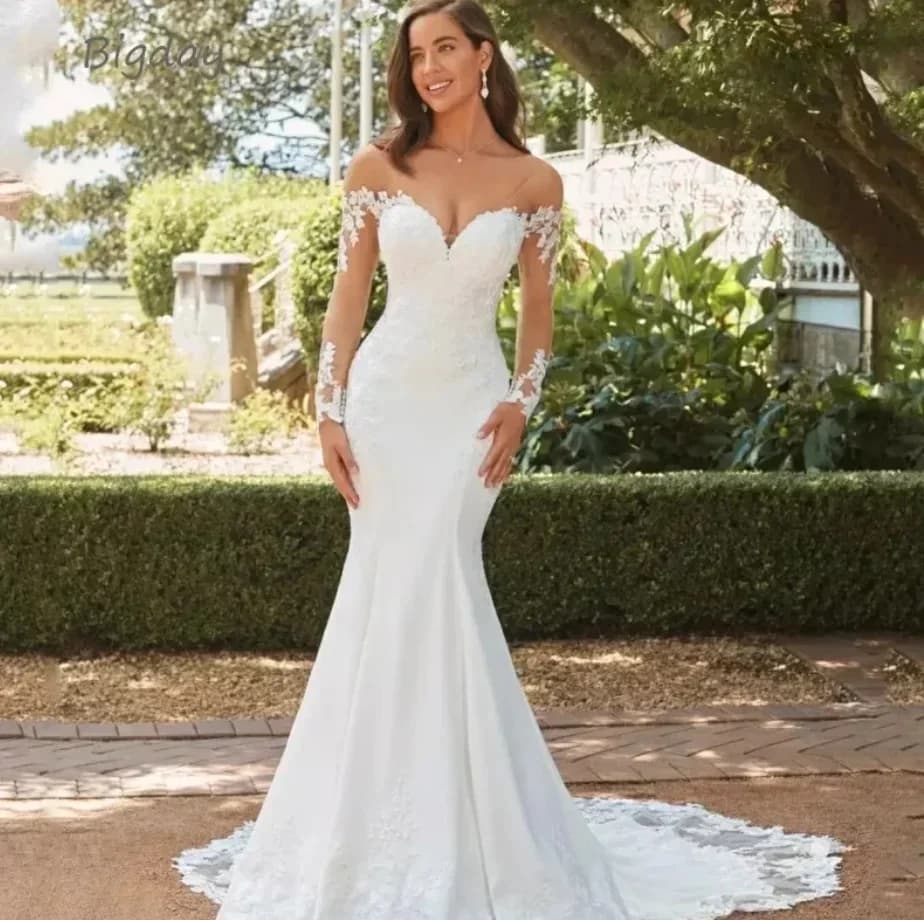 Robe De mariée sirène en dentelle, col en v, manches longues, personnalisée, nouvelle collection 202
