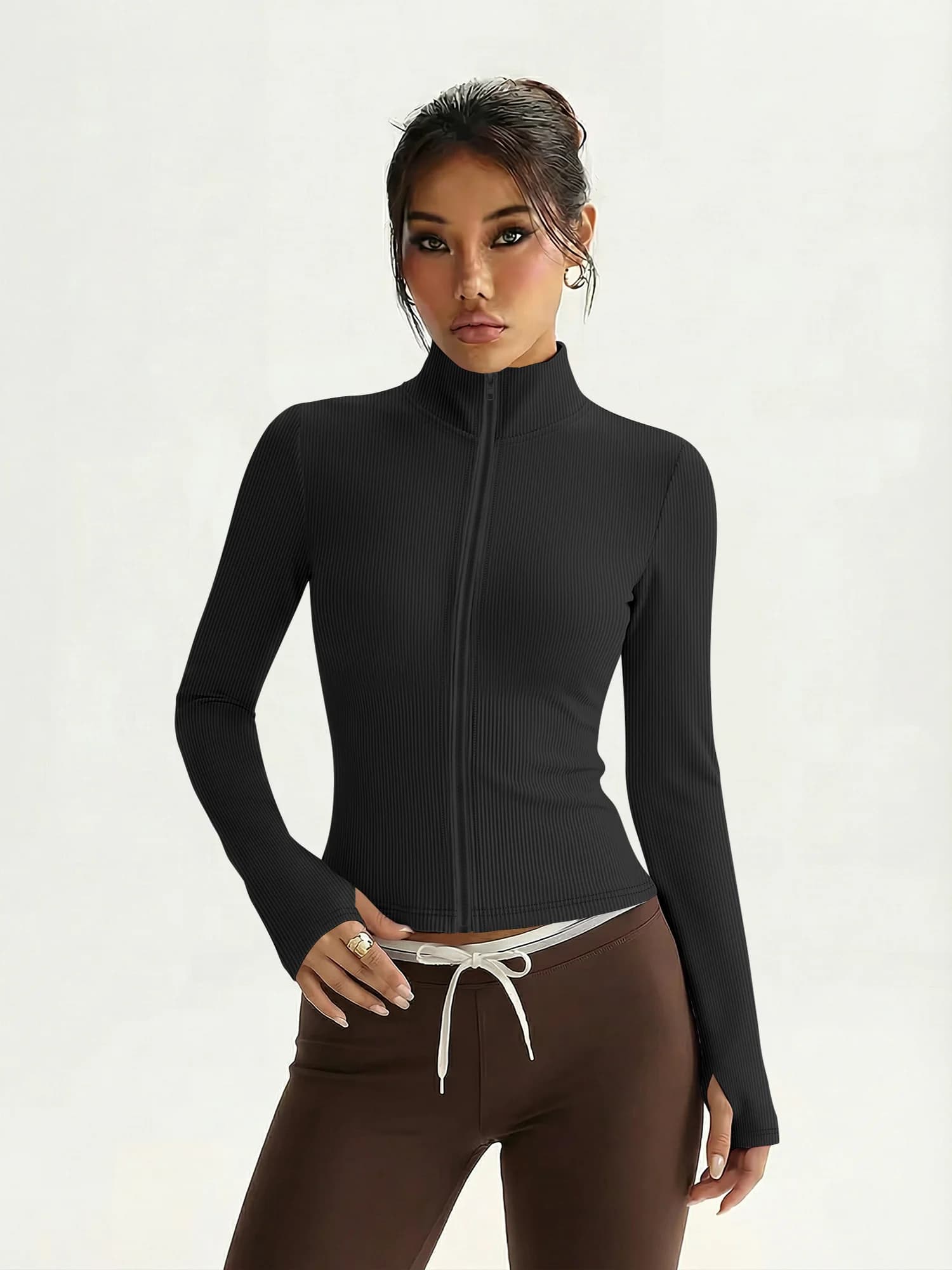 Veste polyvalente en tricot côtelé à fermeture éclair intégrale, haut ajusté à col montant pour un s