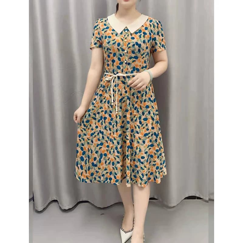 Robe élégante à col Peter Pan imprimé, poches et bandage floral pour femme – Nouvelle collection été