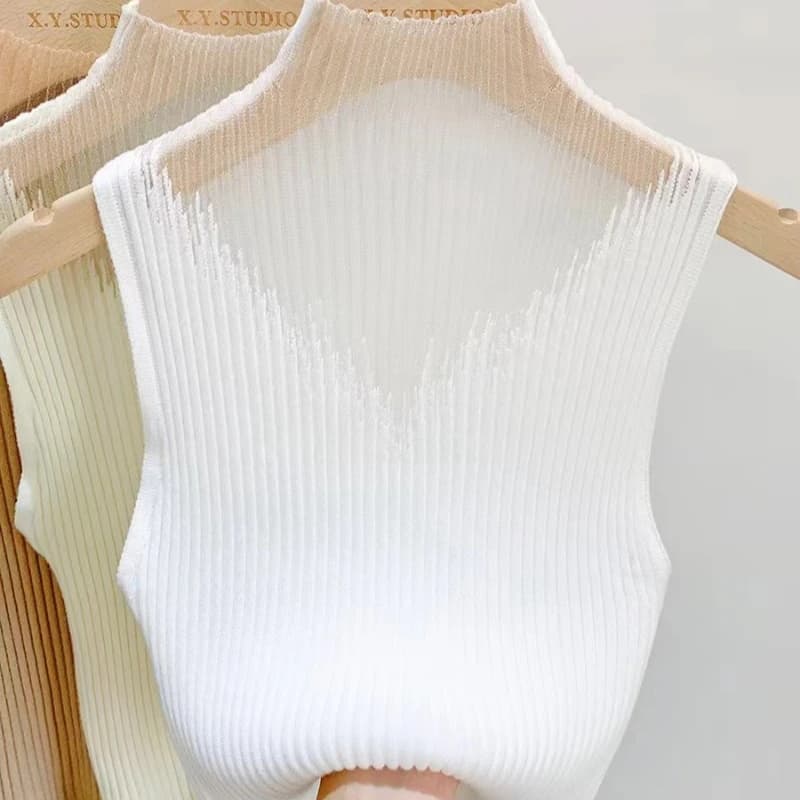 Mesh Knitted Top Women Y2K Tank Top Half Neck Vest Female Sleeveless Sweater Chic Cut Out Streetwear