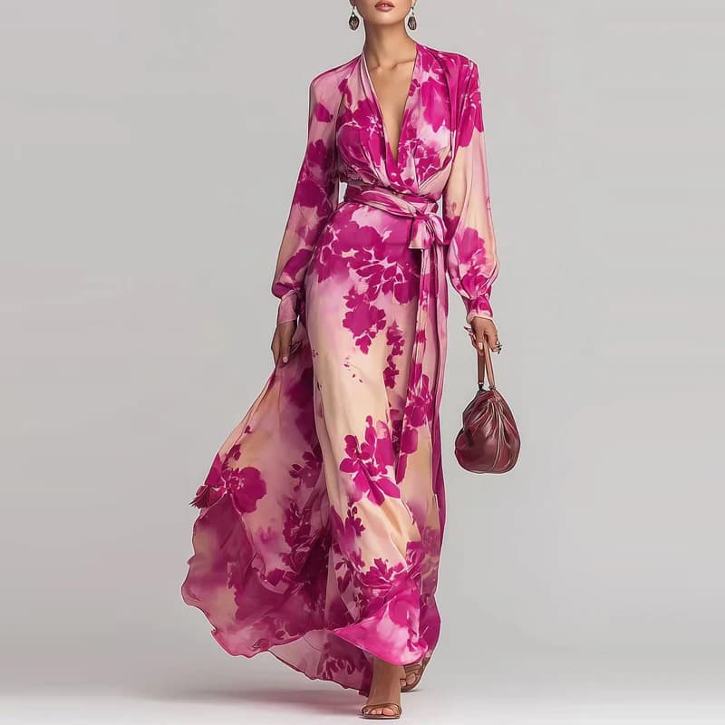 Robe longue de fête pour femme à col en V et manches longues, élégante, à imprimé motif, drapée, tai