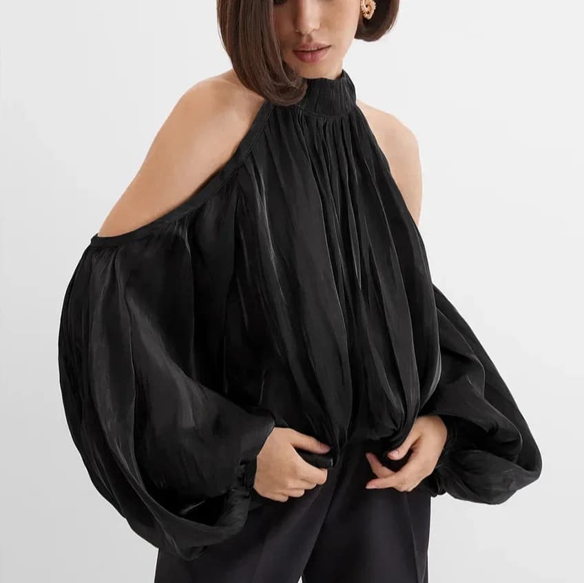 Chemisier à col halter flottant et manches longues, épaules dénudées, design de niche pour femme, en