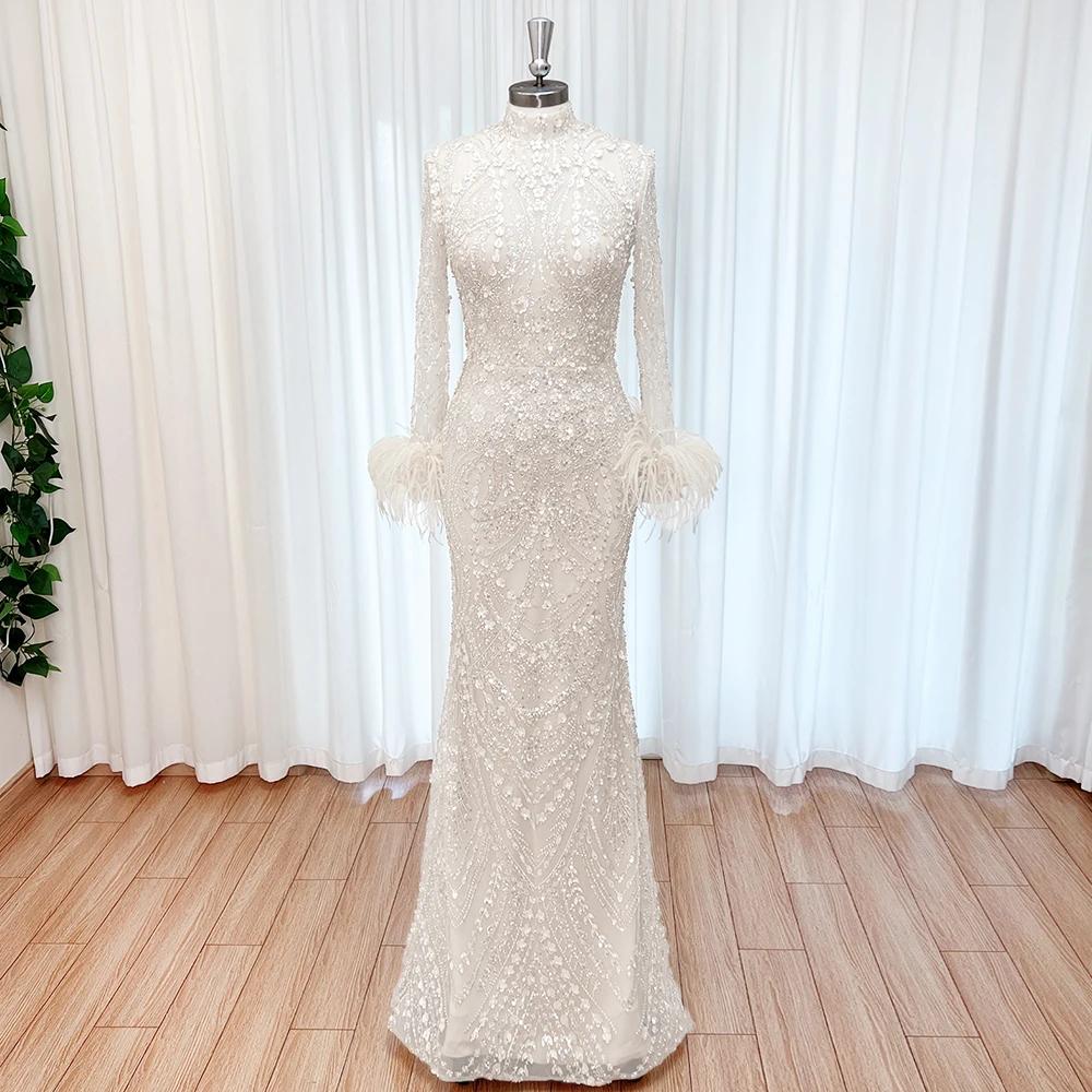 Robe de soirée musulmane élégante, col haut, manches longues, détail de fleurs 3D, pour femmes, robe