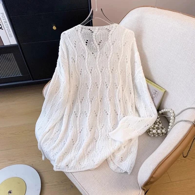 Pull en tricot marron ajouré pour femme, col en V, manches longues, coupe ample et oversize, décontr