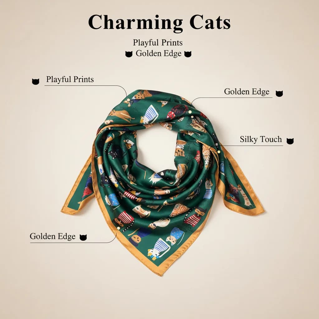 Foulard carré en soie de mûrier 100%, imprimé chat de dessin animé, motif de chat coloré mignon, fou