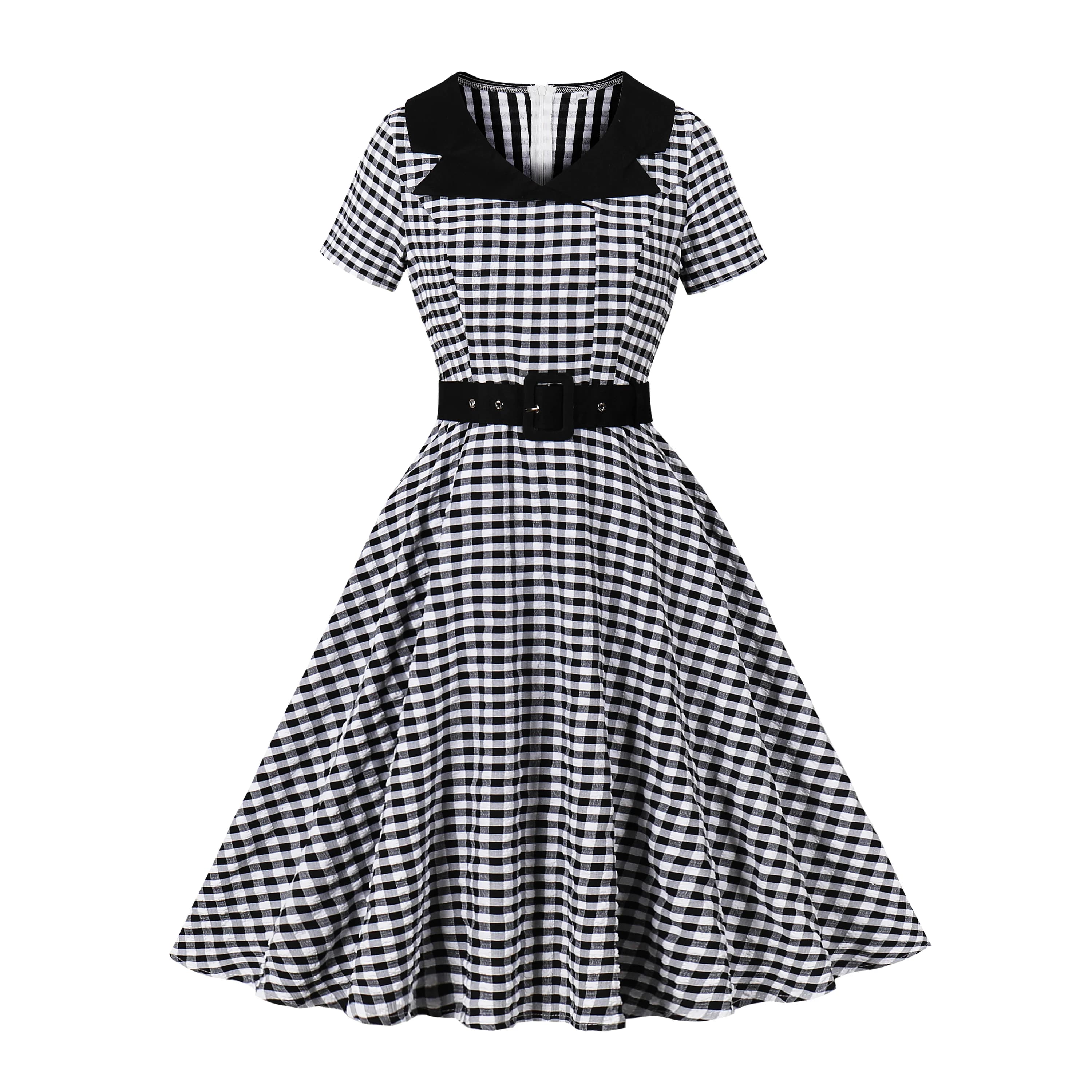 Tonval Vintage col contrasté noir et blanc Plaid femmes élégant ceinturé ourlet évasé Rockabilly rob