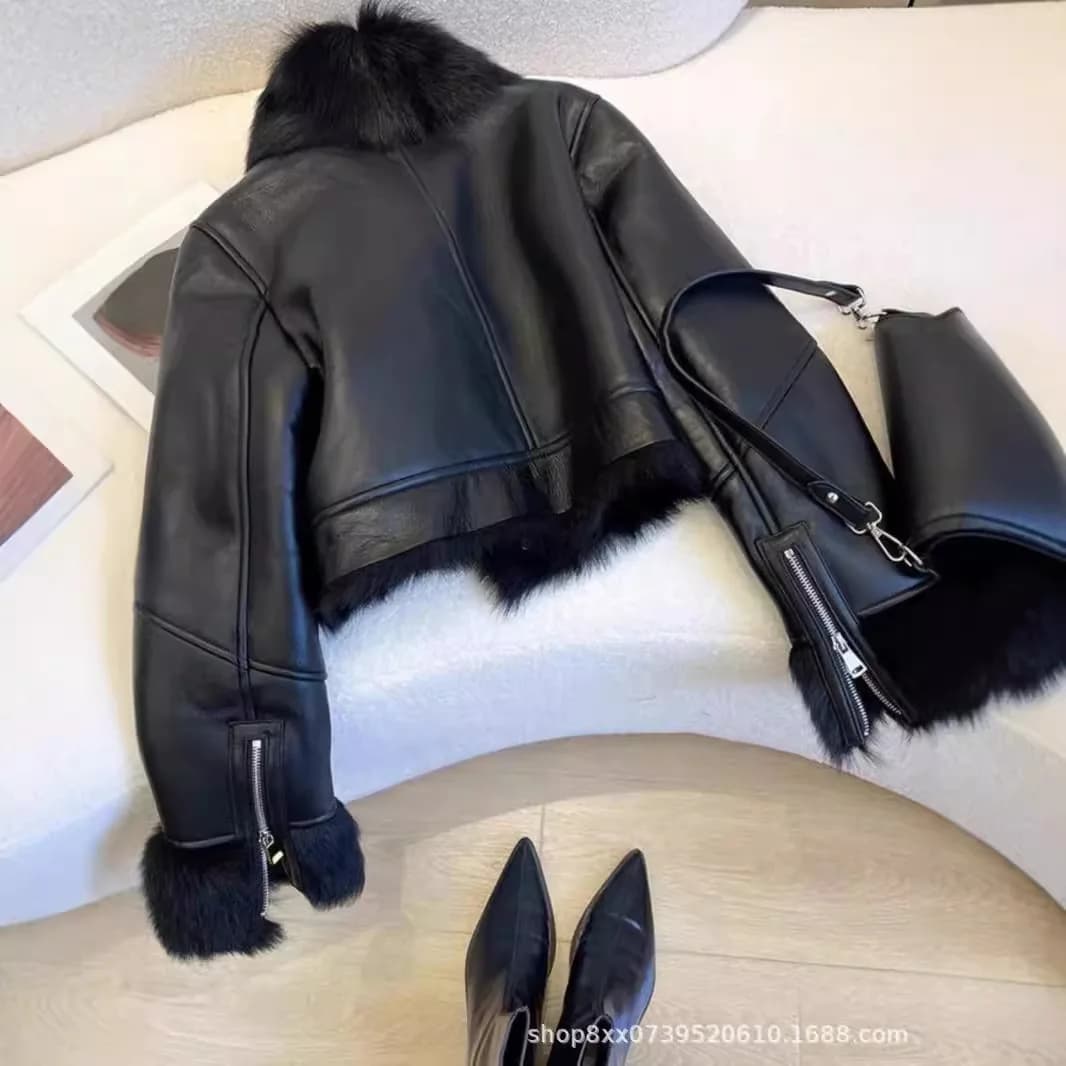 Veste en similicuir PU pour femme, manteau à col en fourrure, optique chaude, vestes courtes, street