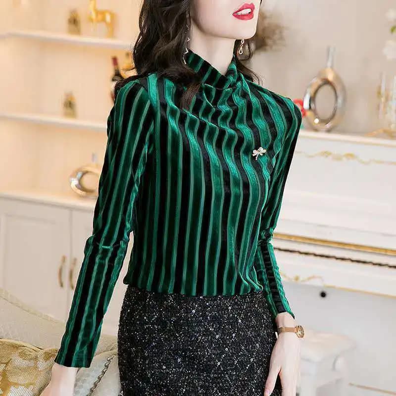Pull en velours rayé vintage pour femme, pulls minces, col mi-haut, vêtements féminins chics, décora