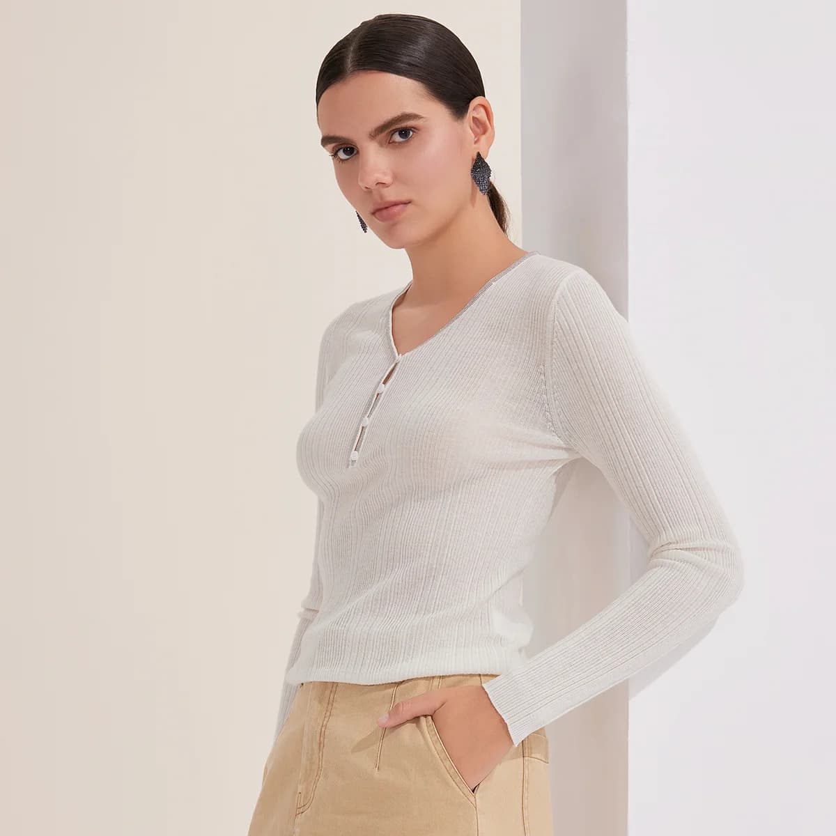 BY3521219 pull en mélange de laine côtelée pour femme pull à col en v à manches longues mode d'autom