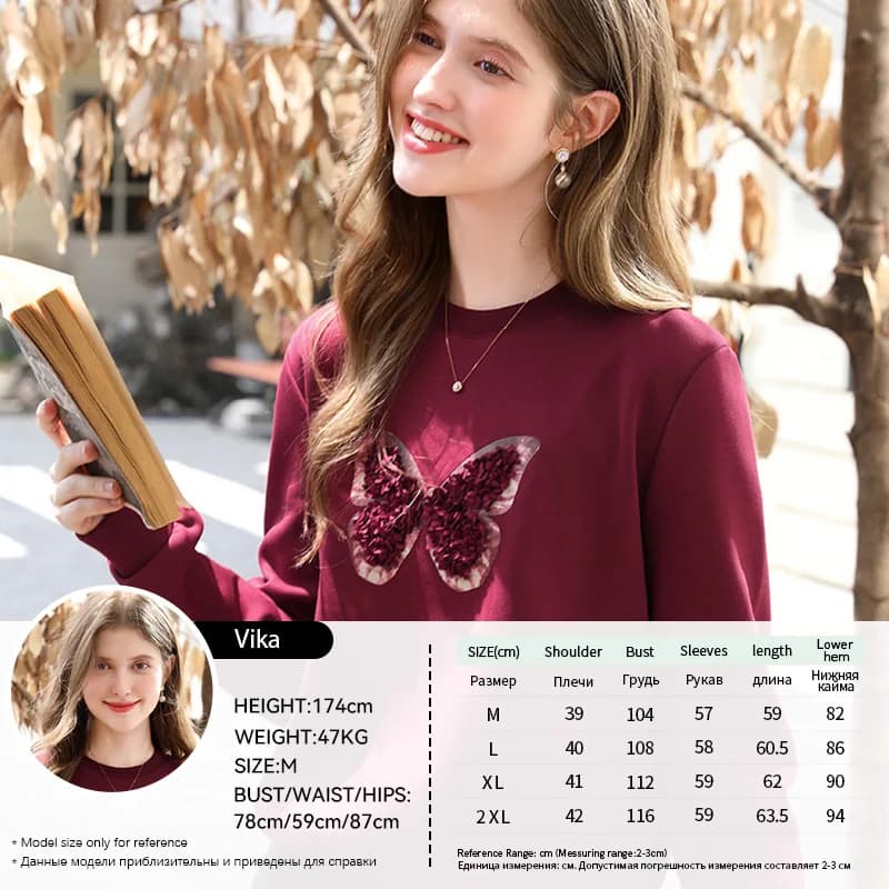 Je crois vous sweat-shirt rouge femme 2025 automne hiver mode tridimensionnel papillon polaire col r
