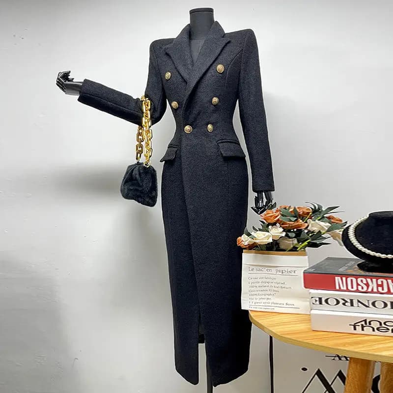 Manteau Long en laine noir pour femme, veste en Tweed, haut de gamme, revers, Double boutonnage, élé